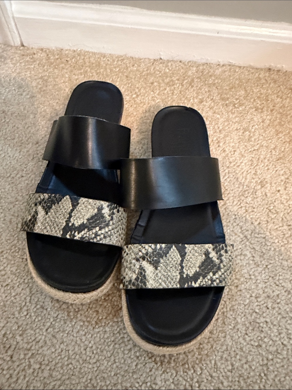 Franco Sarto Black Slide Sandals with Snake-Print Strap